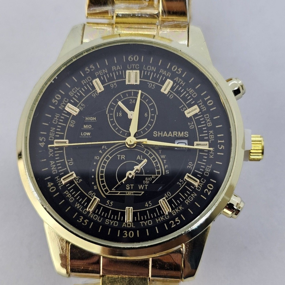 Men's 2PC Watch Bracelet Set 41MM Black Dial Date Gold Bracelet Band 7" Wrist - Picture 2 of 14